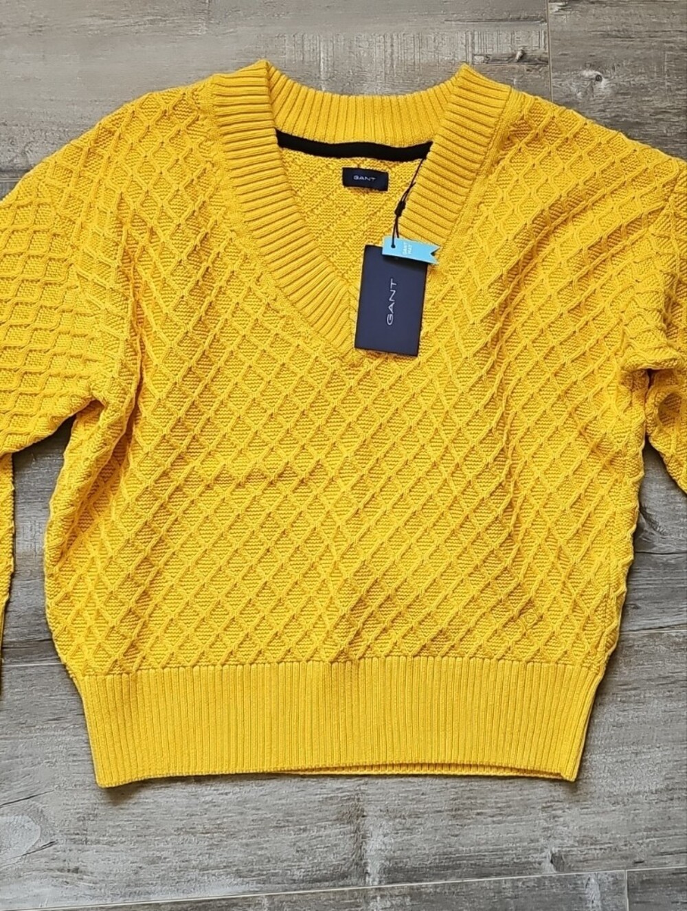 Gant Yellow Diamond-Textured Crewneck Sweater 100% Cotton Size S